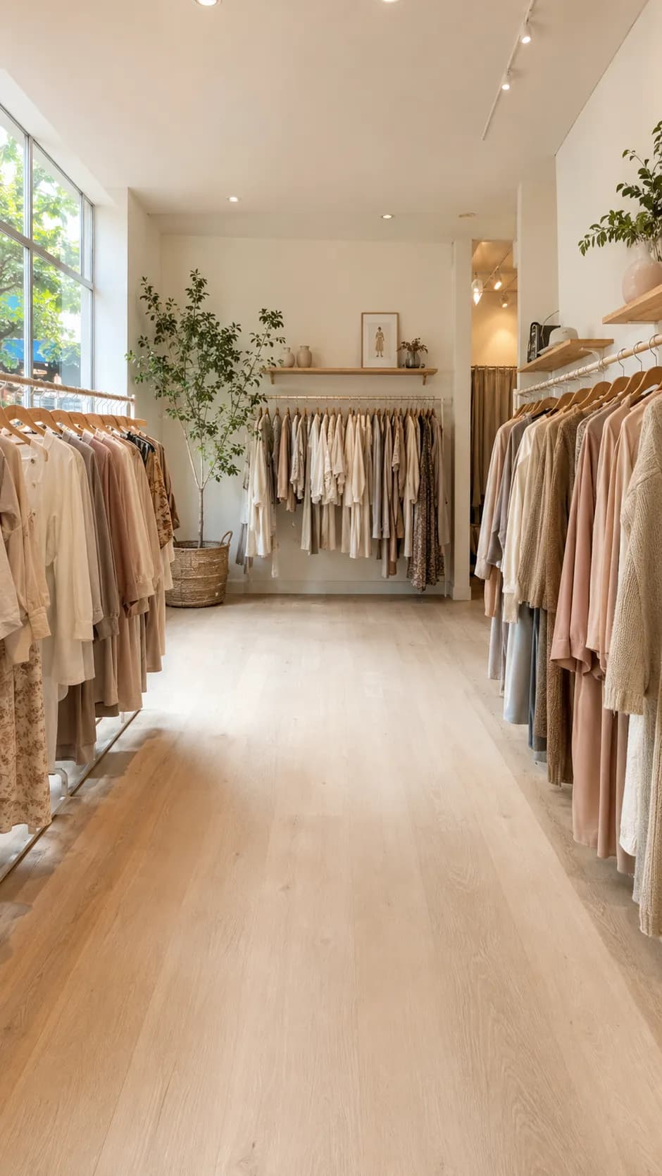 The interior of a small boutique, rails of neutral and blush clothing in daylight