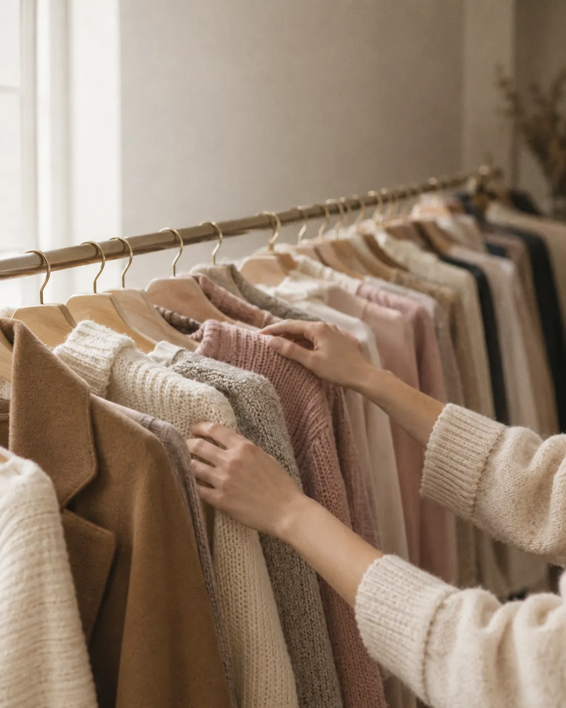 A hand reaching along a rail of neutral knitwear and jackets in soft daylight