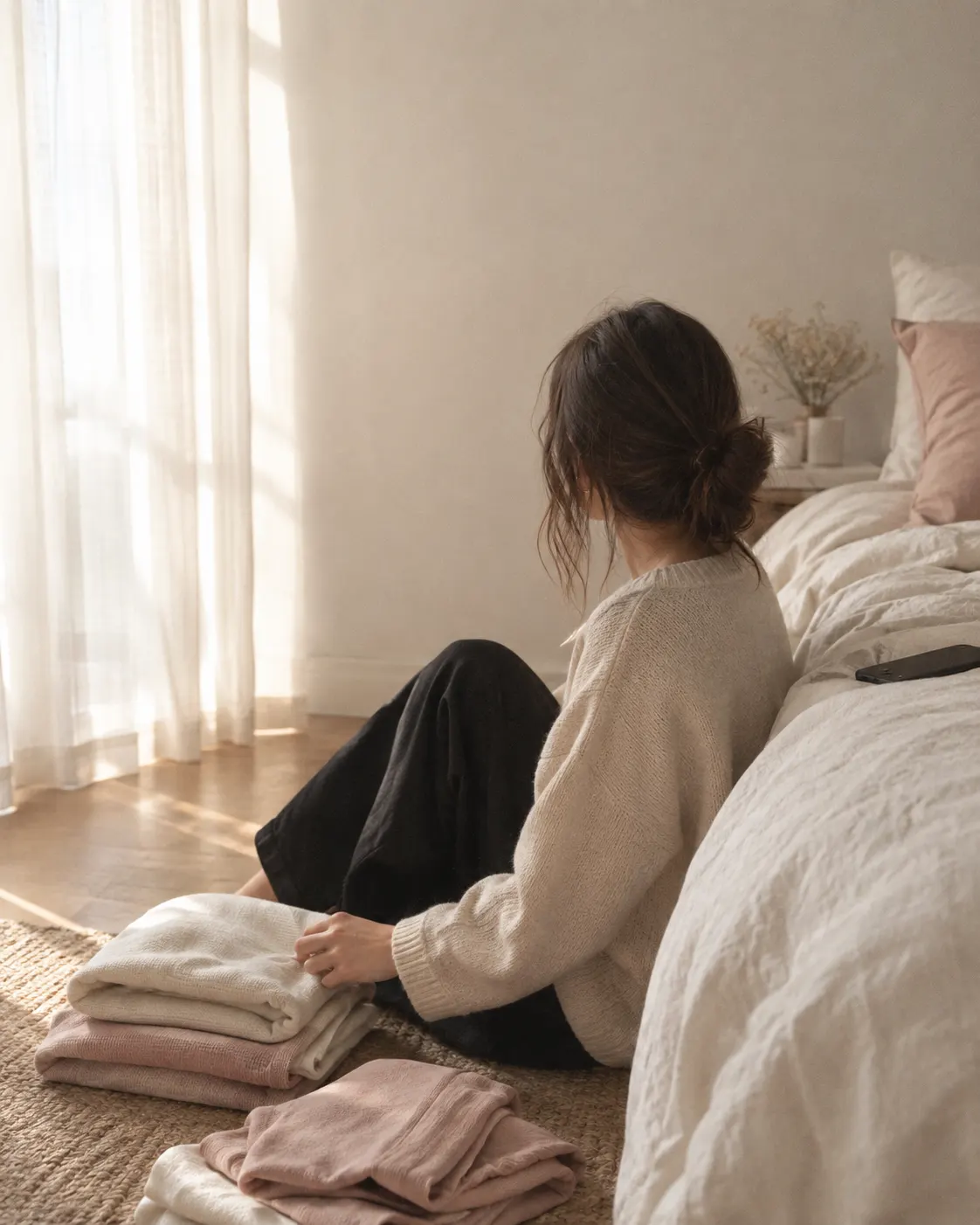 A woman sitting on the floor beside a bed in morning light, folding knitwear, her phone face down on the covers